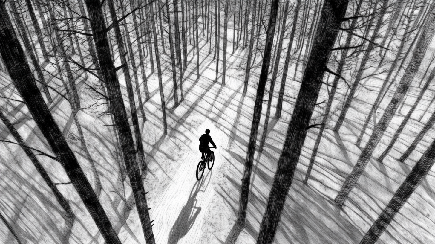 Illustration of a mountain biker riding through snow-covered trails in a forest, showcasing the serene winter biking experience in Blackstone Valley.