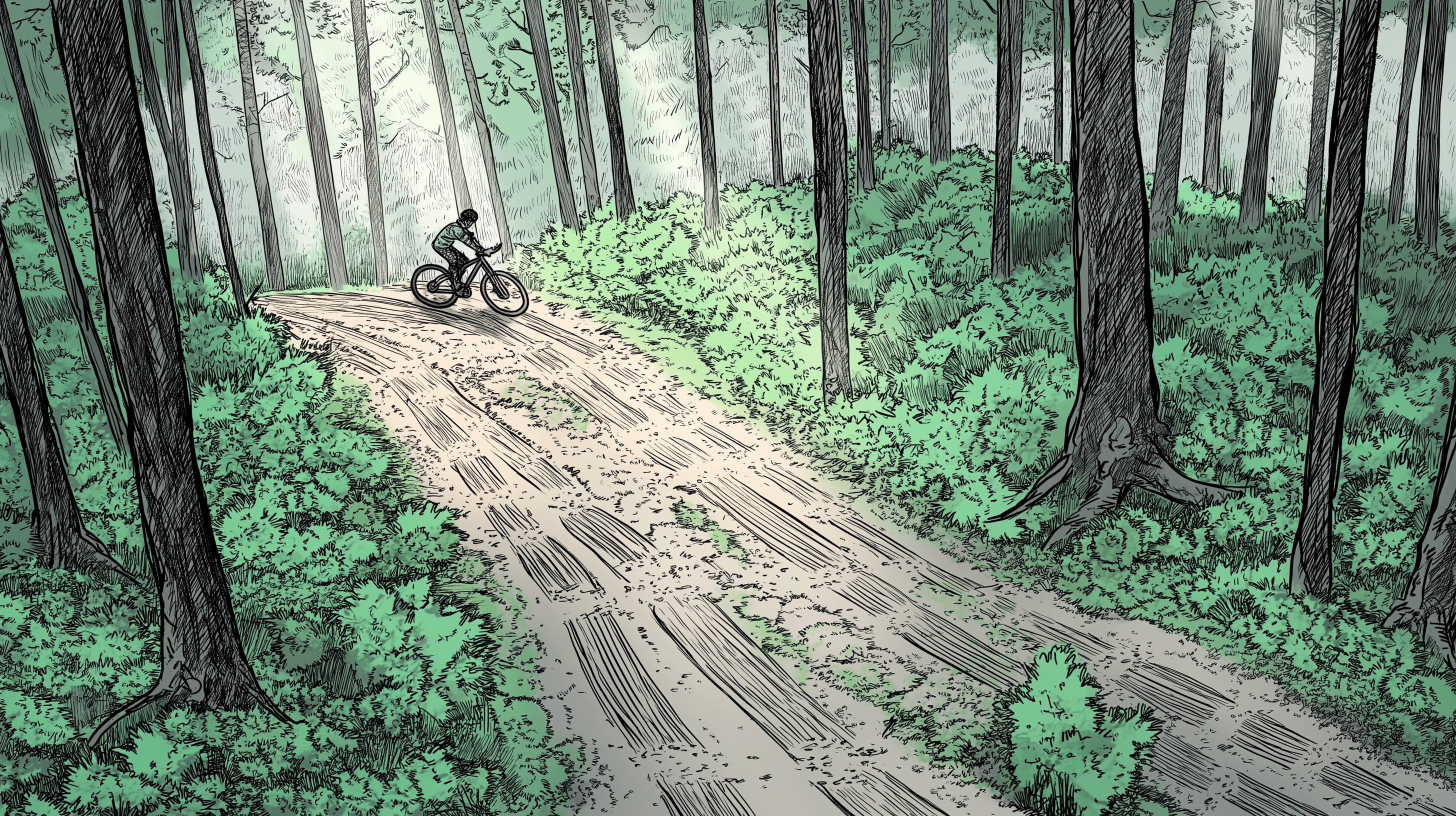 Illustration of a mountain biker navigating a muddy forest trail, emphasizing responsible riding during mud season in Blackstone Valley.